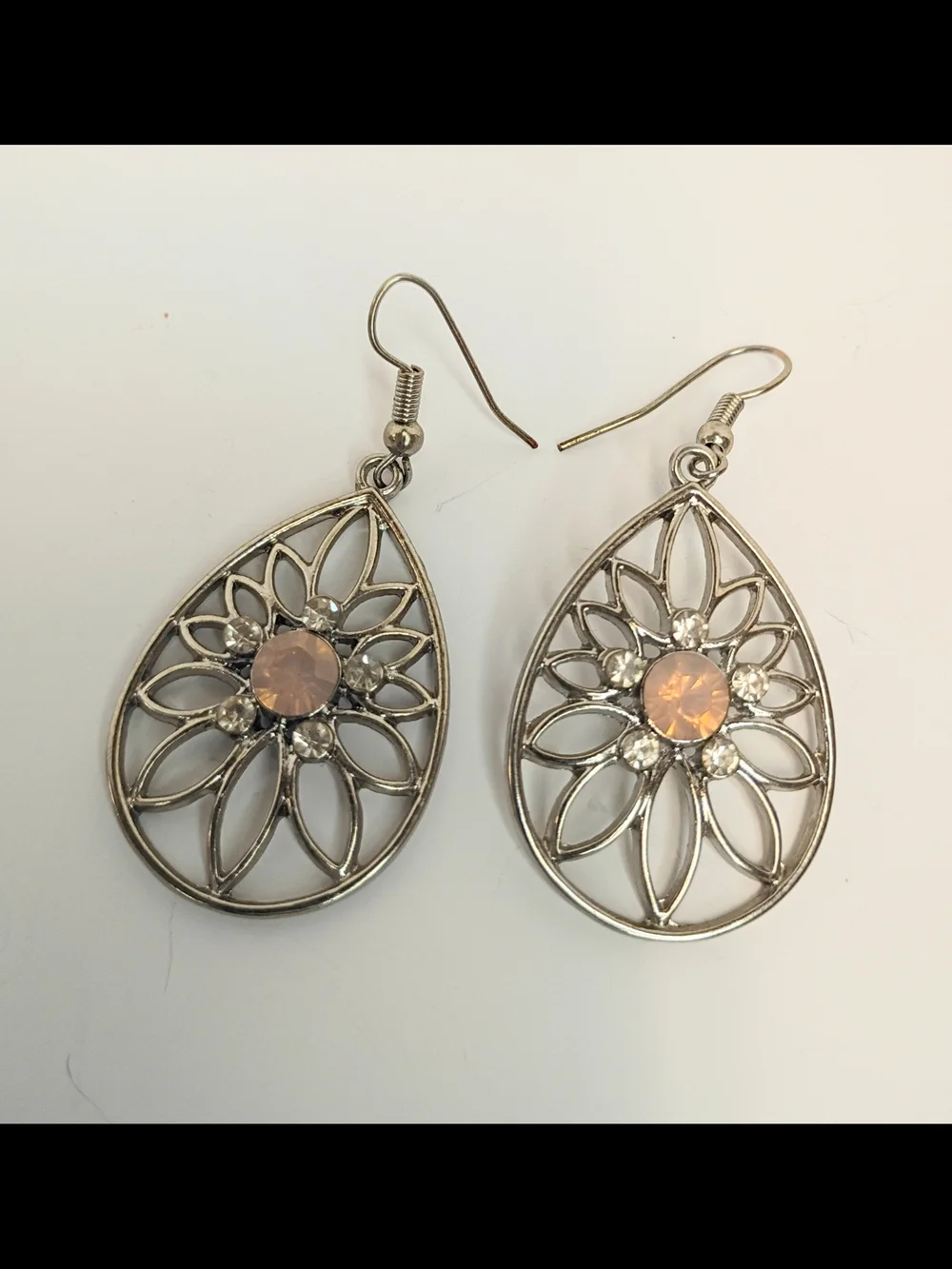 Silver Teardrop Filigree Earrings with Peach Center Stones